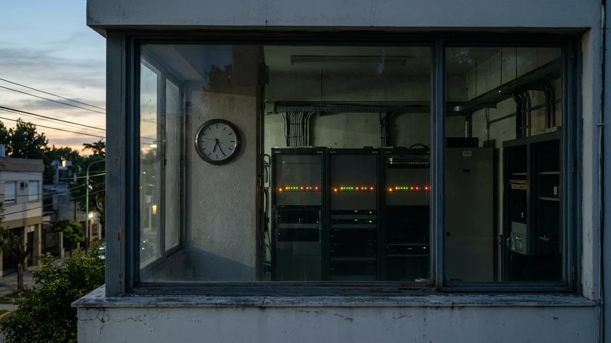 Sala técnica observada al amanecer para medir disponibilidad por horario