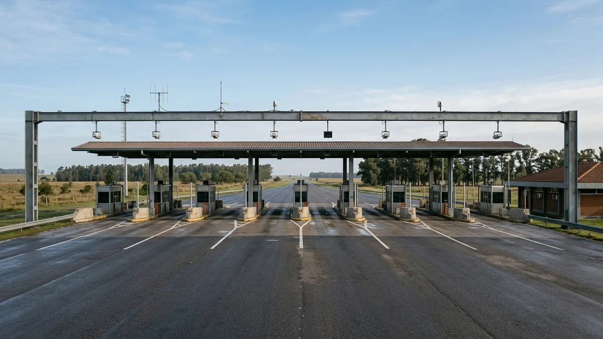 Estación de peaje vacía en una autopista bonaerense, con las cabinas alineadas y un pórtico metálico con antenas sobre la calzada.