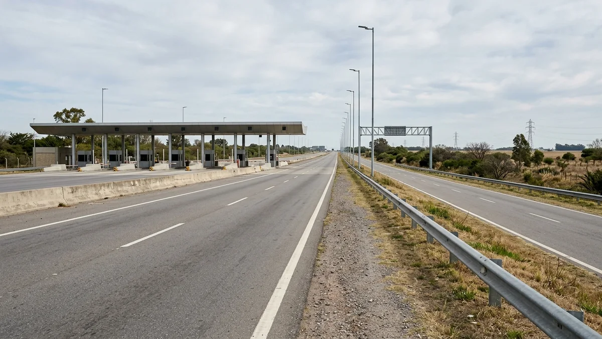 Estación de peaje vacía sobre un acceso vial, con la calzada principal y una colectora paralela separadas por guardarraíl, bajo luz natural.
