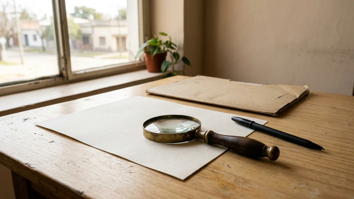 Lupa apoyada sobre un formulario en papel en blanco, junto a una birome y una carpeta, con luz natural de ventana
