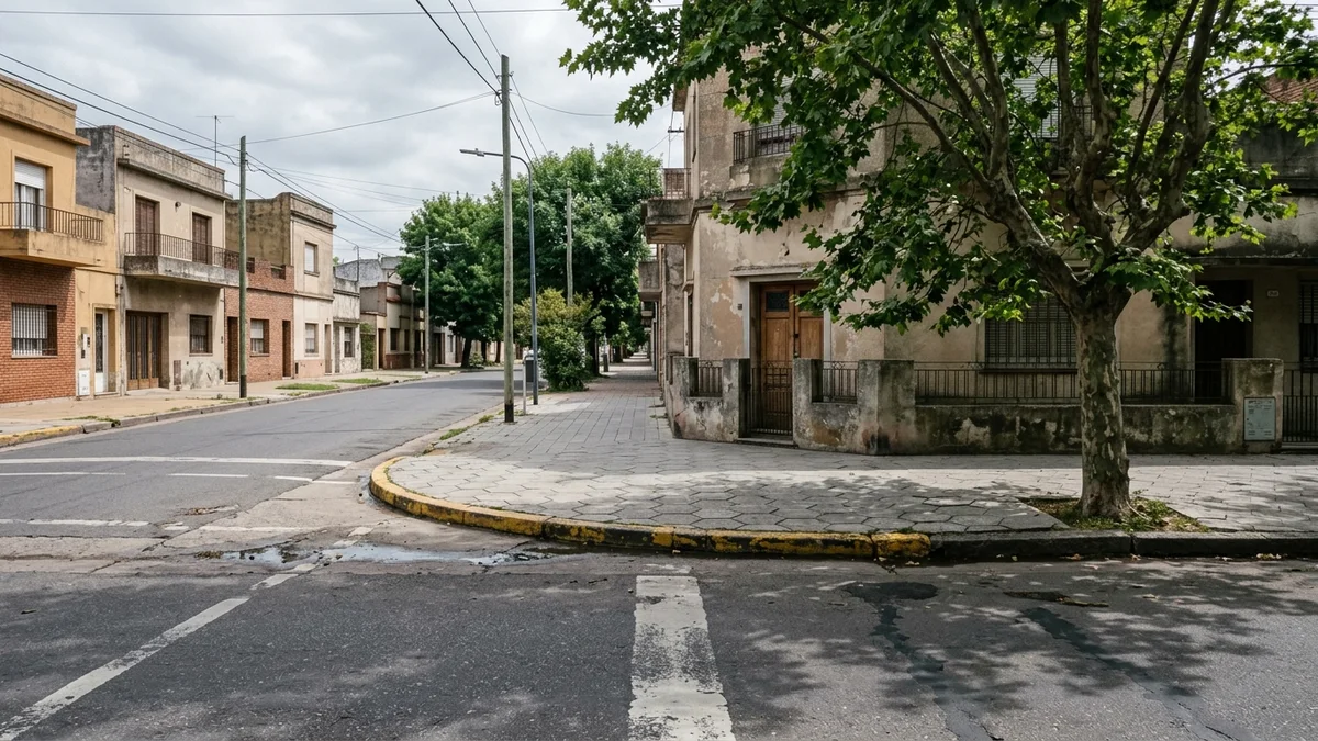 Esquina residencial vacía con el cordón pintado, ochava de baldosas grises y la sombra de un plátano sobre el asfalto, con luz natural difusa.