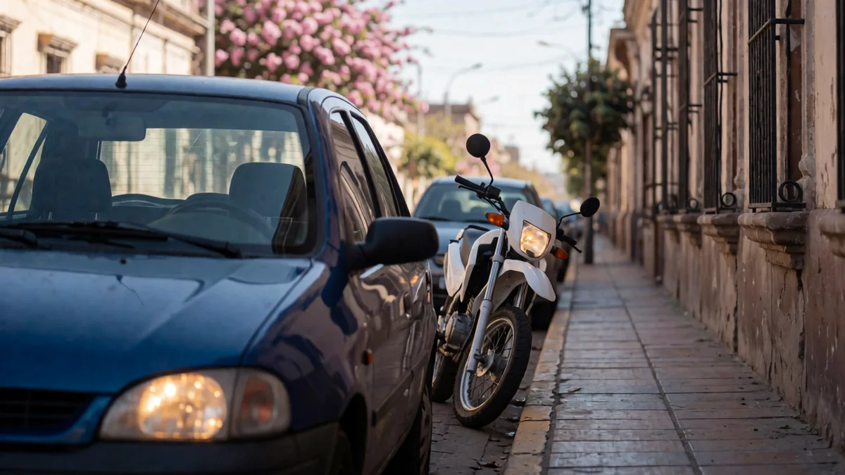 Auto compacto azul detenido con balizas junto al cordón de una calle colonial de Salta, con una moto blanca de servicio detrás y un lapacho florecido al fondo