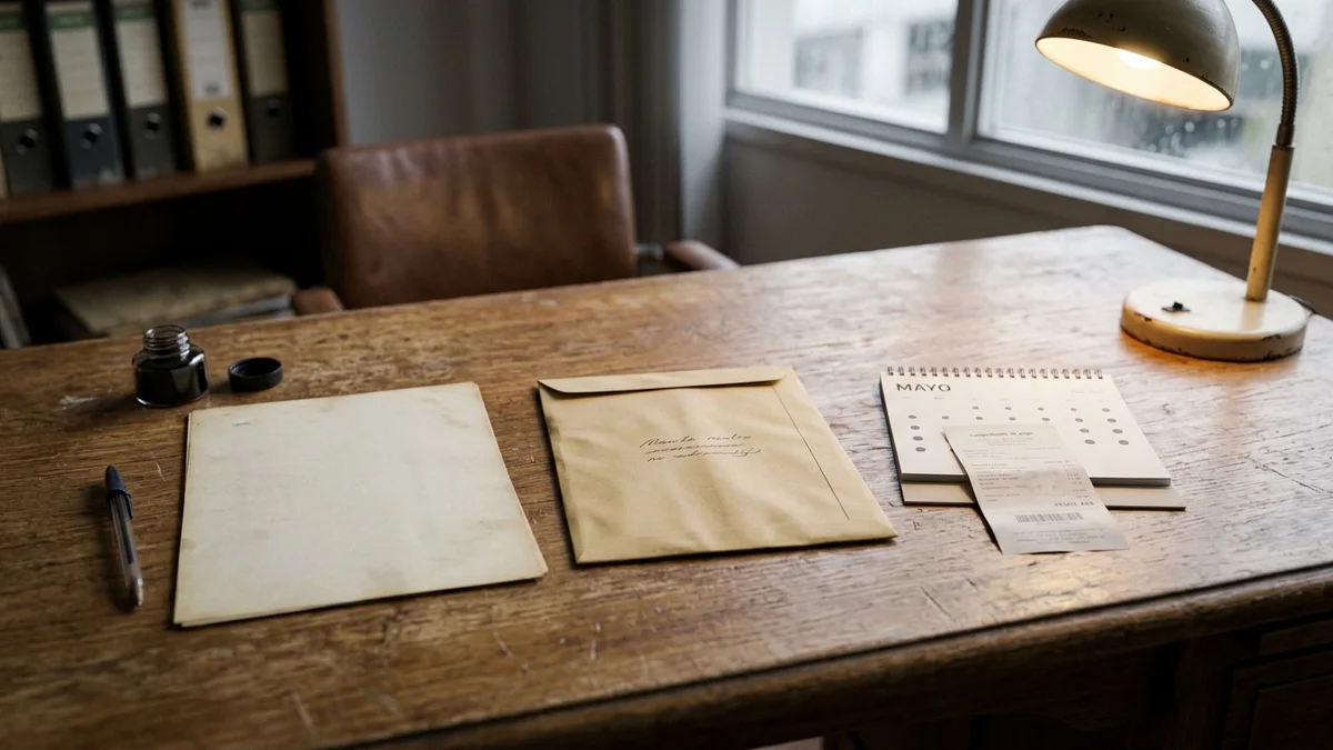 Tres documentos genéricos ordenados cronológicamente sobre una mesa de trabajo