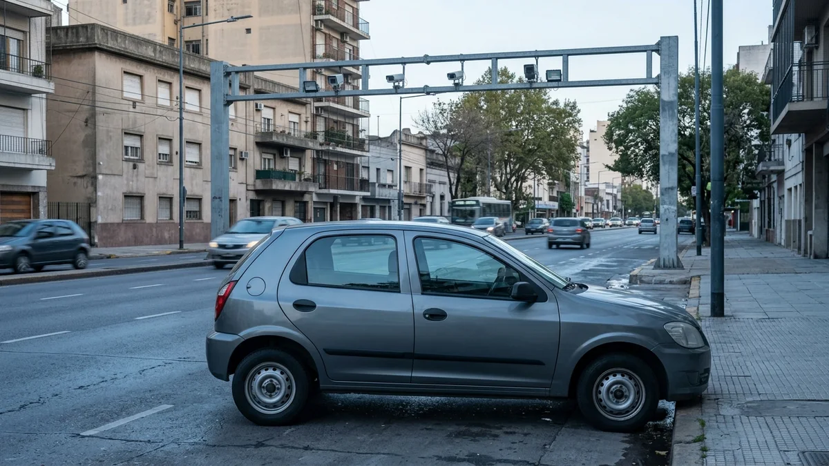 Auto estacionado y pórtico vial representan dos métodos distintos de constatación