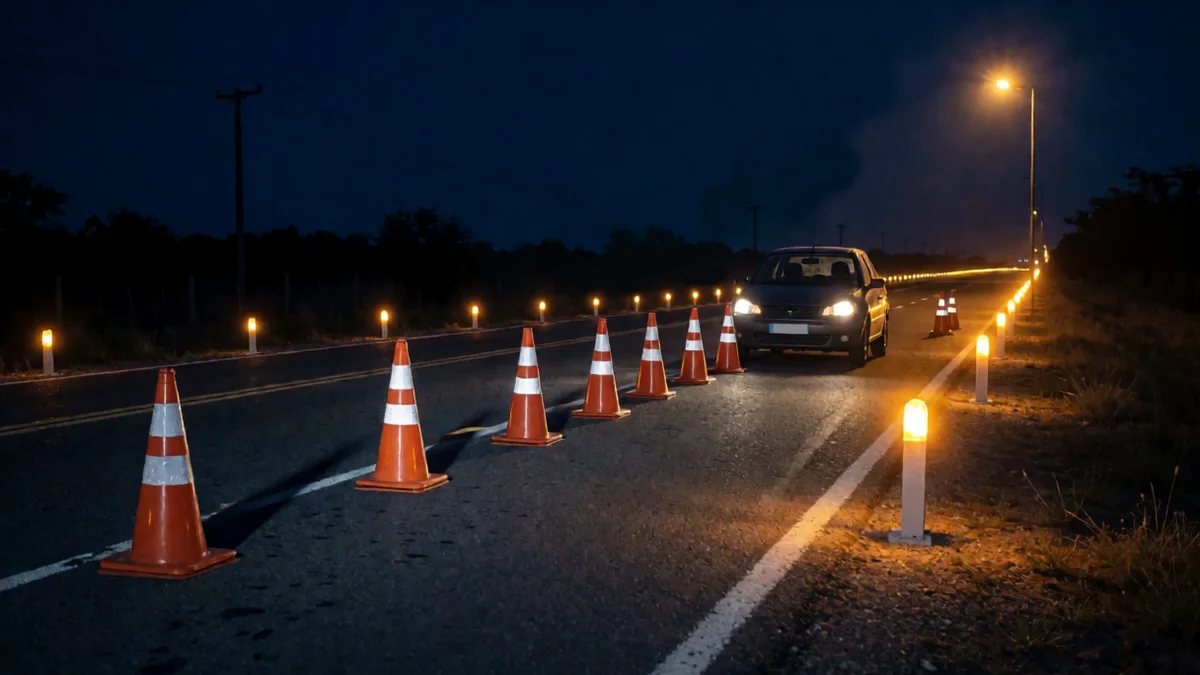 Control vial nocturno en una ruta, con conos naranjas, balizas ámbar encendidas y un auto oscuro detenido junto a la banquina