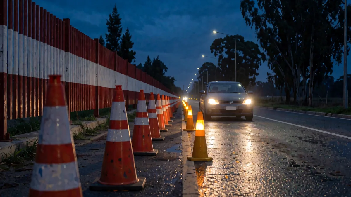 Puesto de control vial nocturno con conos naranjas y una valla a franjas que desvían el carril hacia la banquina, donde espera un sedán gris visto de perfil