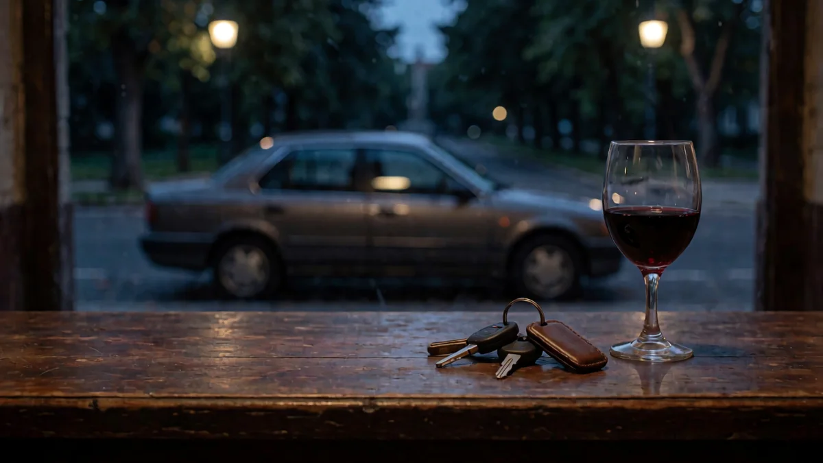 Llaves de auto junto a una copa de vino tinto sobre la barra de un bodegón, con un auto estacionado desenfocado detrás de la vidriera