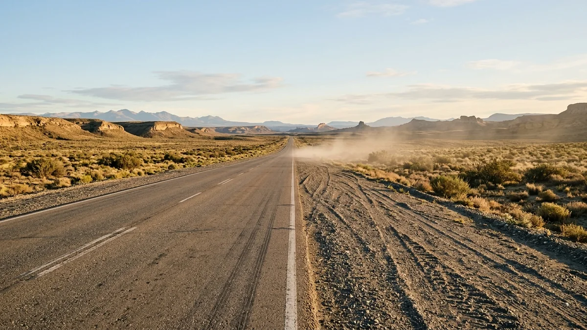 Ruta recta de estepa patagónica con banquinas de ripio, bardas bajas en el horizonte y polvo suspendido, bajo luz cálida del atardecer.
