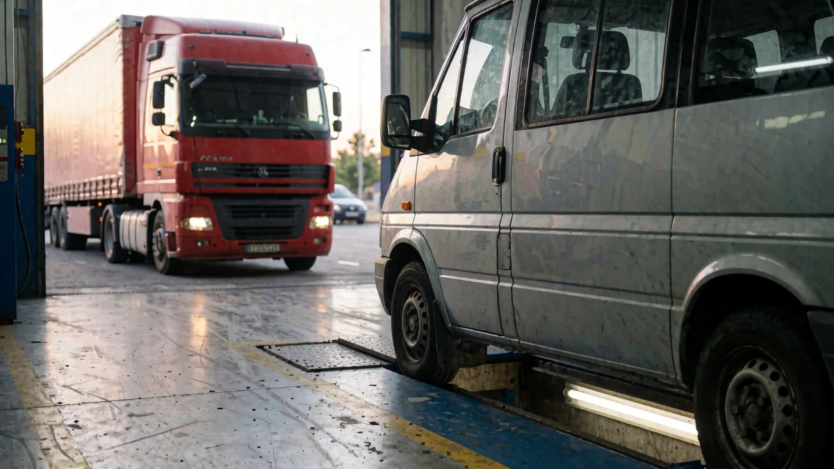 Micro de larga distancia de dos pisos visto de costado sobre la fosa de un taller de revisión técnica, con un camión de ruta rojo esperando junto al portón