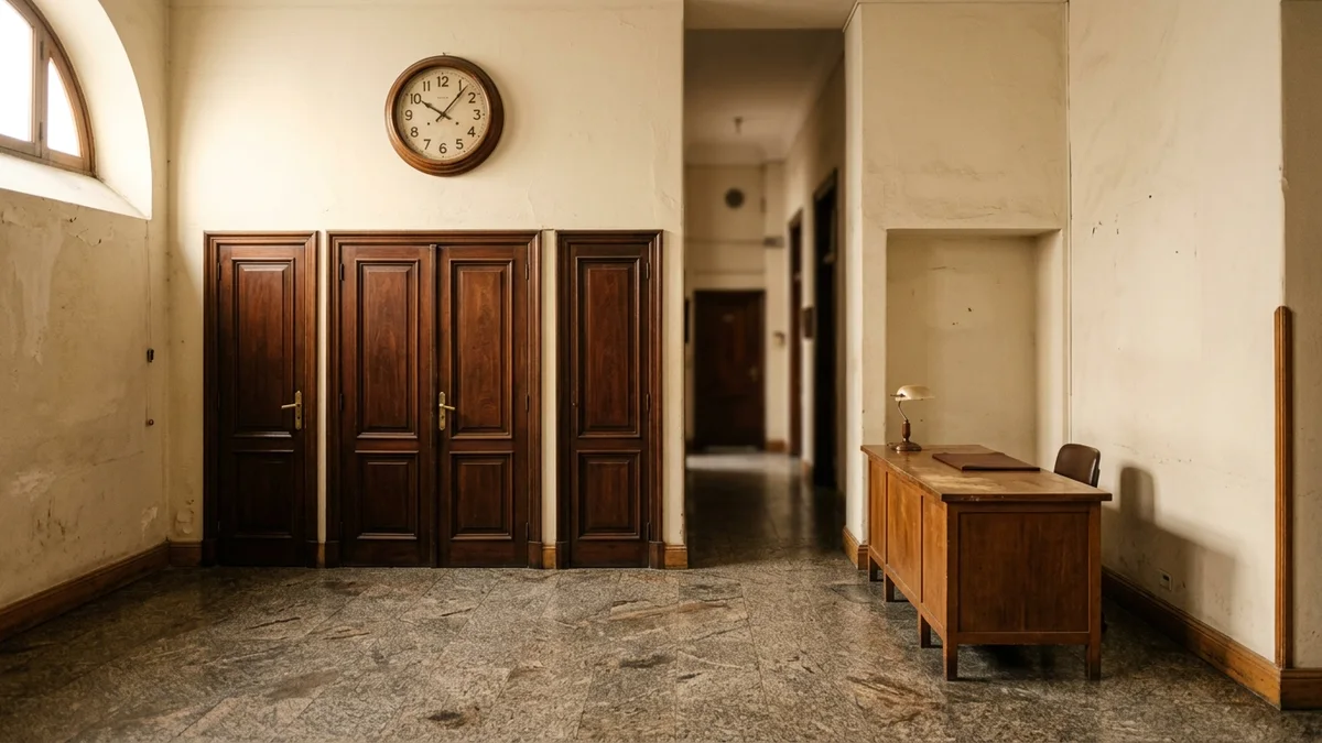 Hall de acceso de un edificio público con puertas de madera, un mostrador vacío y un reloj de pared con luz natural.