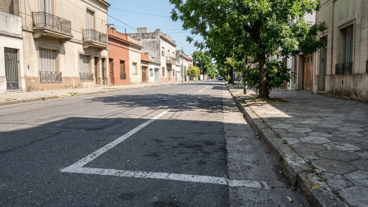 Espacio de estacionamiento vacío junto al cordón de una calle urbana, con la línea blanca pintada sobre el asfalto y la sombra de un árbol de vereda.
