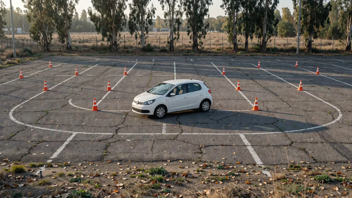 Auto compacto blanco con la puerta del conductor abierta en un predio de práctica de manejo vacío, entre conos naranjas, visto desde un terraplén