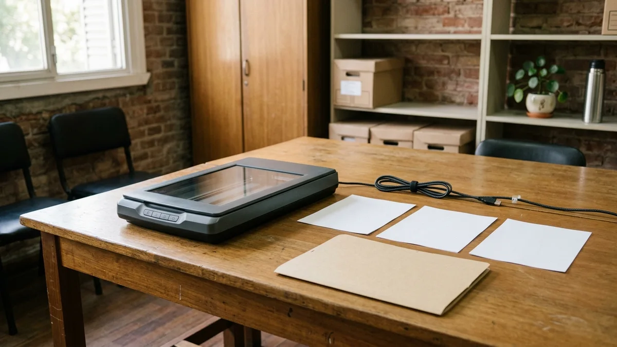 Mesa de digitalización preparada para revisar archivos de un descargo