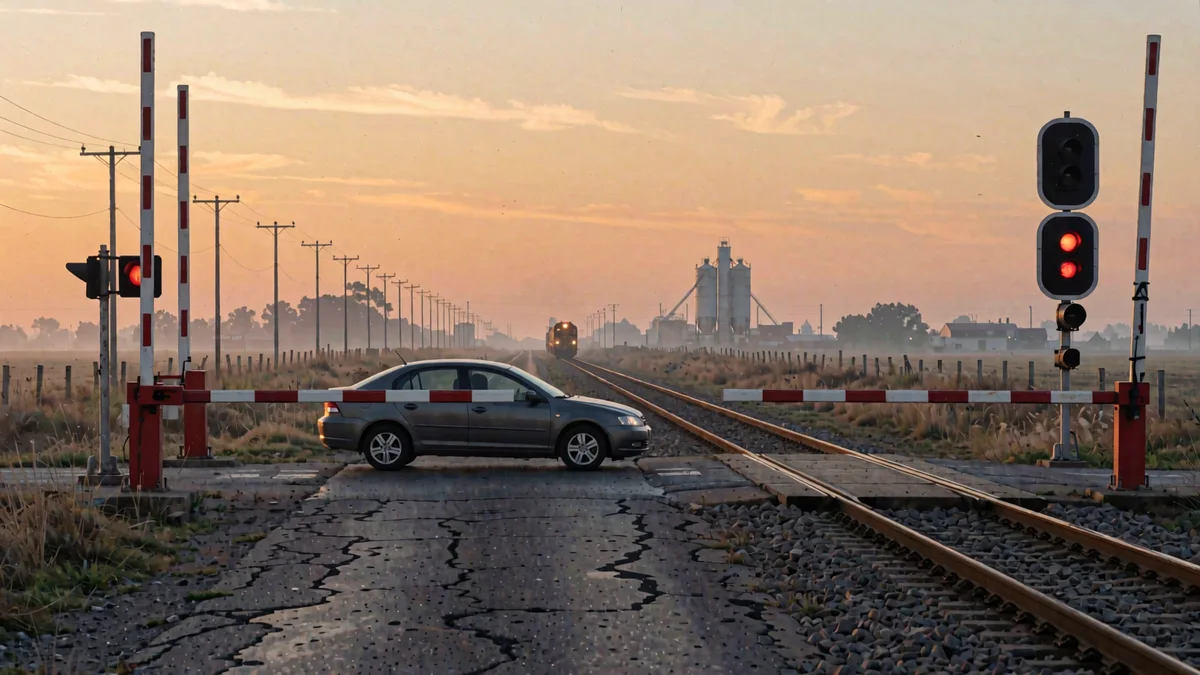 Paso a nivel con las barreras bajas y un auto detenido frente a ellas en un camino rural bonaerense al atardecer, con un semáforo ferroviario en rojo