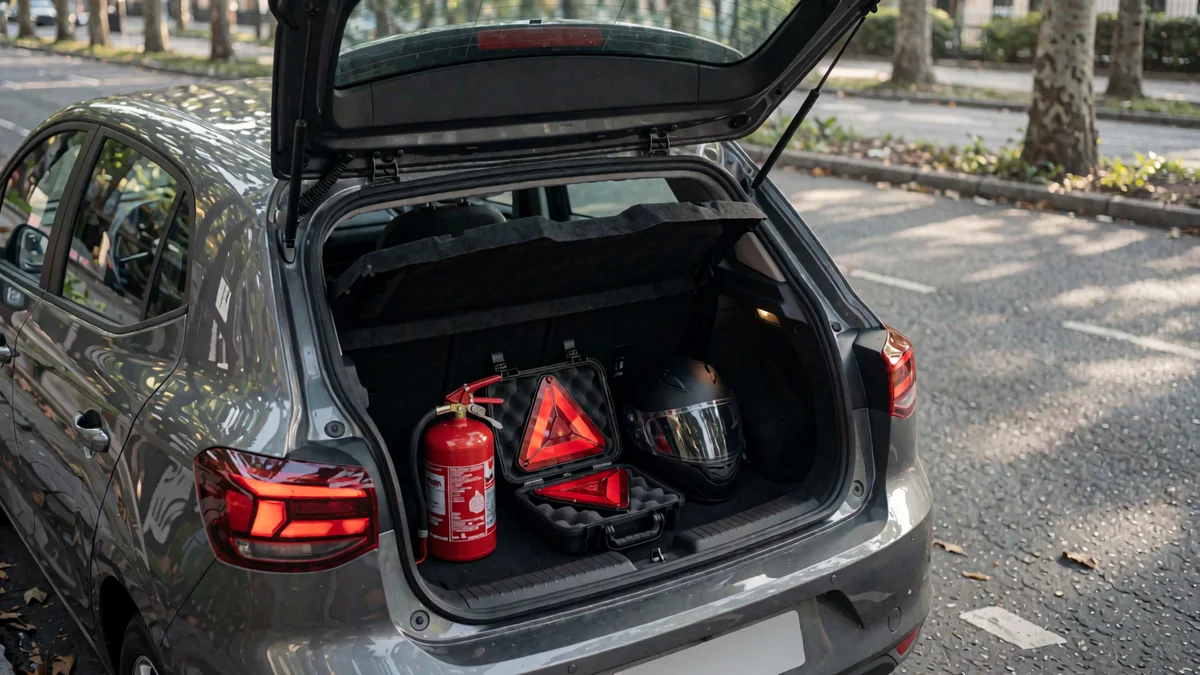 Baúl abierto de un auto compacto en una calle arbolada, con un matafuego rojo en su soporte, un estuche con balizas triangulares y un casco negro