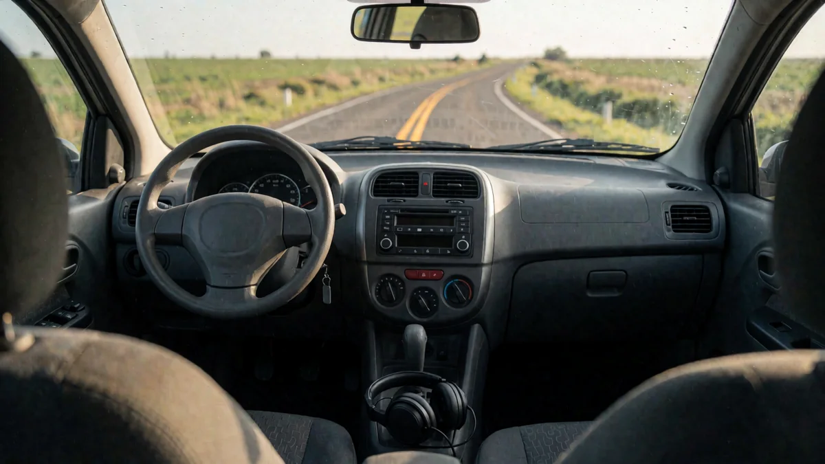 Auriculares de vincha sobre la consola de un auto detenido al costado de una ruta rural con doble línea amarilla que entra en una curva.
