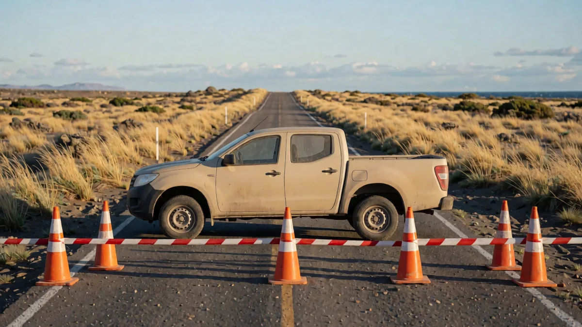 Camioneta pick-up detenida de costado en una playa de ripio junto a una ruta patagónica, detrás de conos naranjas y una barrera de control baja