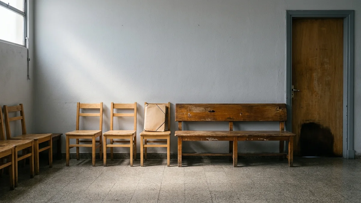 Sala de espera vacía con sillas de madera contra una pared gris, una carpeta apoyada y luz natural sobre el piso de baldosas.