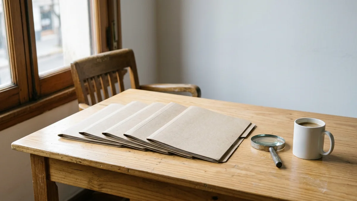 Escritorio de madera junto a una ventana, con cinco carpetas de cartón en abanico, una lupa apoyada y una taza de café, bajo luz natural de mañana.