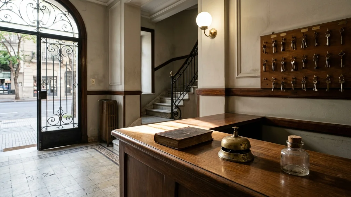 Mostrador de madera en el hall de un edificio, con un libro cerrado, una campanilla de bronce y llaves colgadas detrás, bajo luz natural.