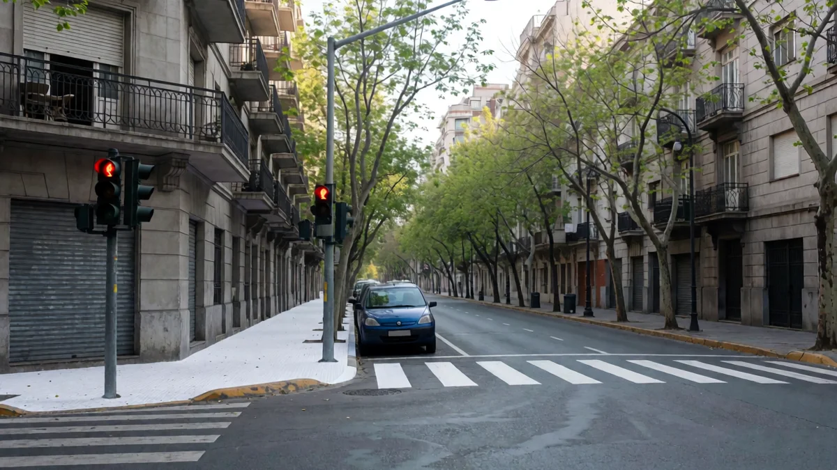 Esquina porteña arbolada con senda peatonal recién pintada y un auto azul estacionado junto al cordón