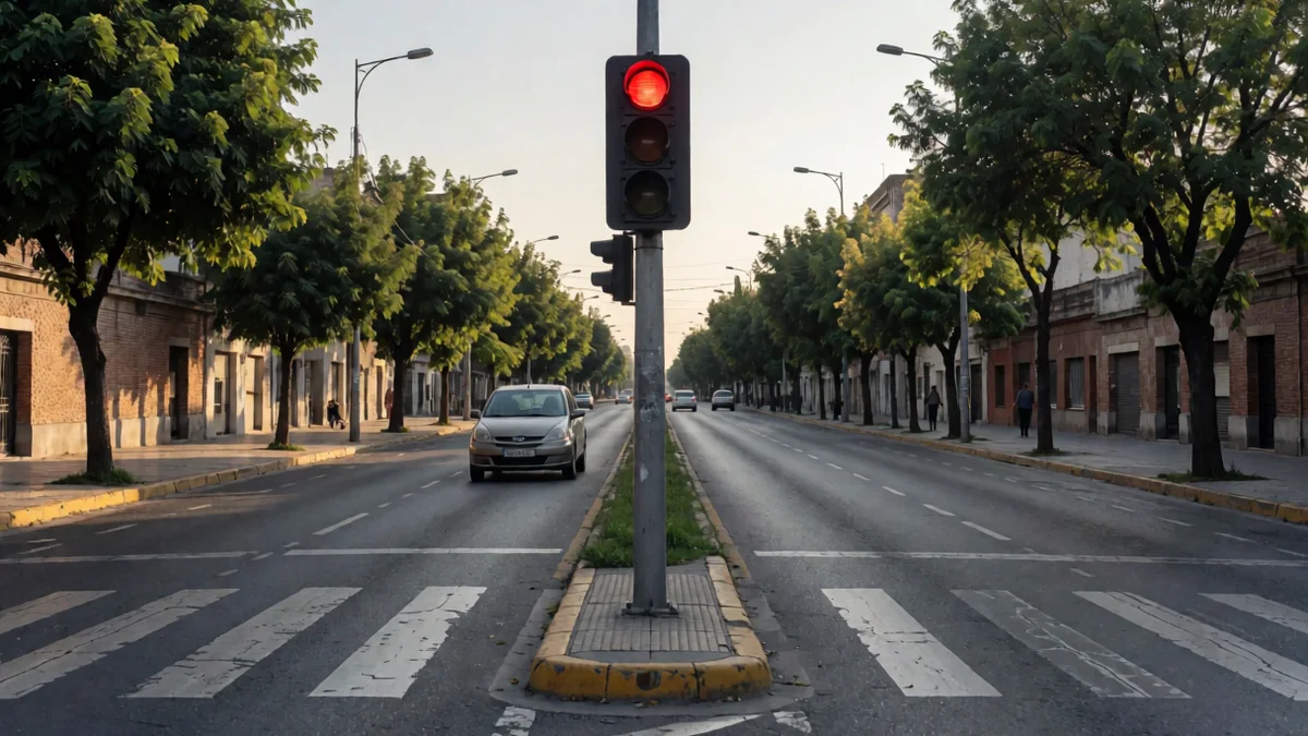 Auto gris detenido ante un semáforo en rojo en una avenida bonaerense arbolada al atardecer