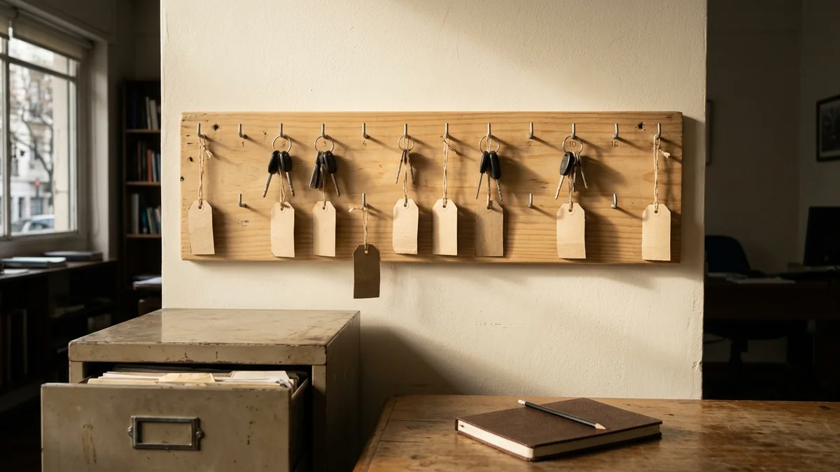 Tablero de llaves de madera en una oficina de flota, con ganchos ocupados y otros vacíos y etiquetas de cartón sin escribir, bajo luz natural de mañana.