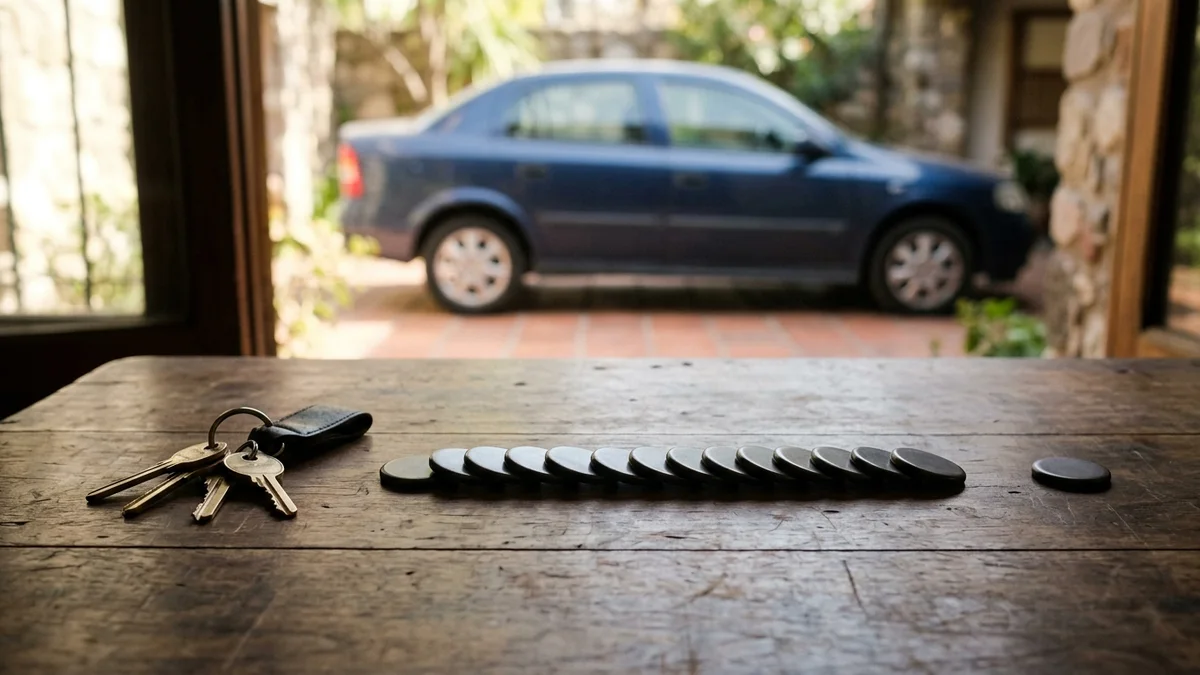 Llaves de un auto usado junto a fichas que representan cuotas de un plan de pagos