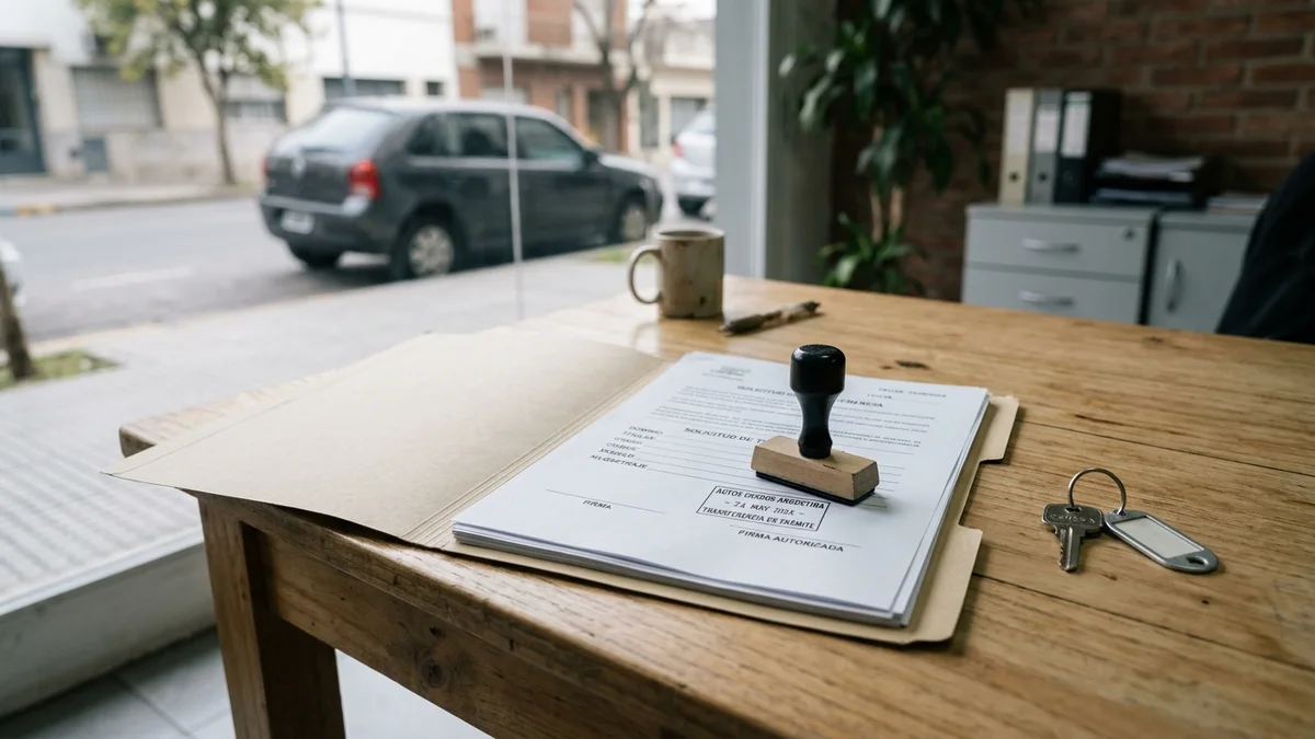 Carpeta abierta con hojas impresas, un sello de goma y un llavero sobre un escritorio de madera, junto a un ventanal con luz natural.