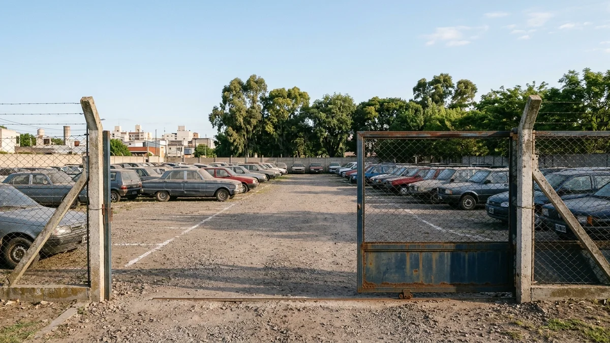 Playón de guarda vehicular vacío, con cerco de alambre tejido, portón metálico entreabierto y piso de grava, bajo luz de la mañana.