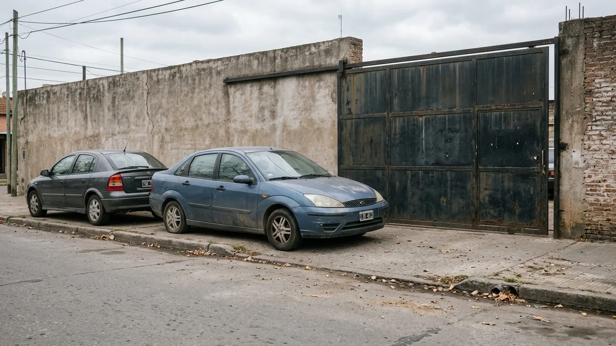 Dos autos usados estacionados en fila en un patio de guarda, con portón metálico entreabierto y pared de ladrillo, bajo luz natural difusa.