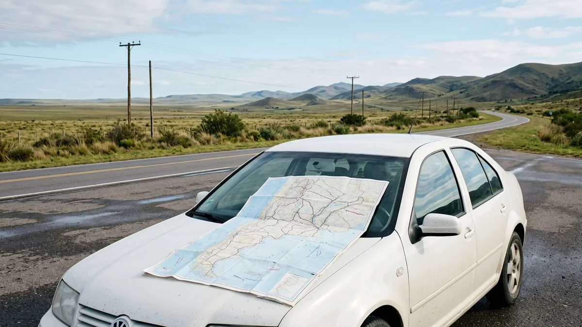 Automóvil estacionado en una ruta junto a un mapa físico de Argentina