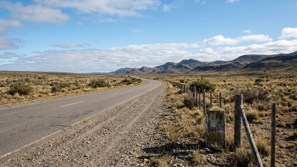 Ruta asfaltada de dos carriles en el interior argentino, con banquina de ripio, mojón de hormigón y alambrado, bajo luz de media mañana.