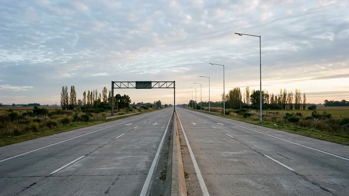Tramo de autopista de llanura al amanecer, con calzada despejada, luminarias alineadas y la estructura vacía de un pórtico de peaje al fondo.