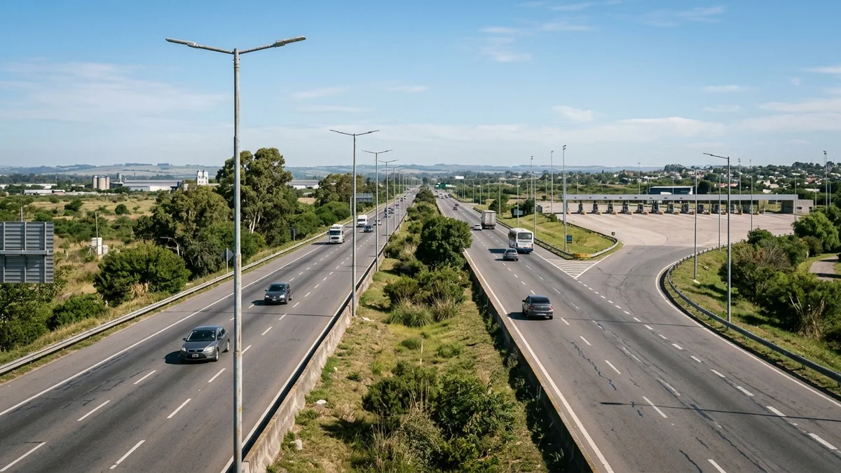 Autopista argentina de varios carriles vista desde un puente, con un ramal que se separa de la calzada principal y un pórtico de peaje lejano y desenfocado.