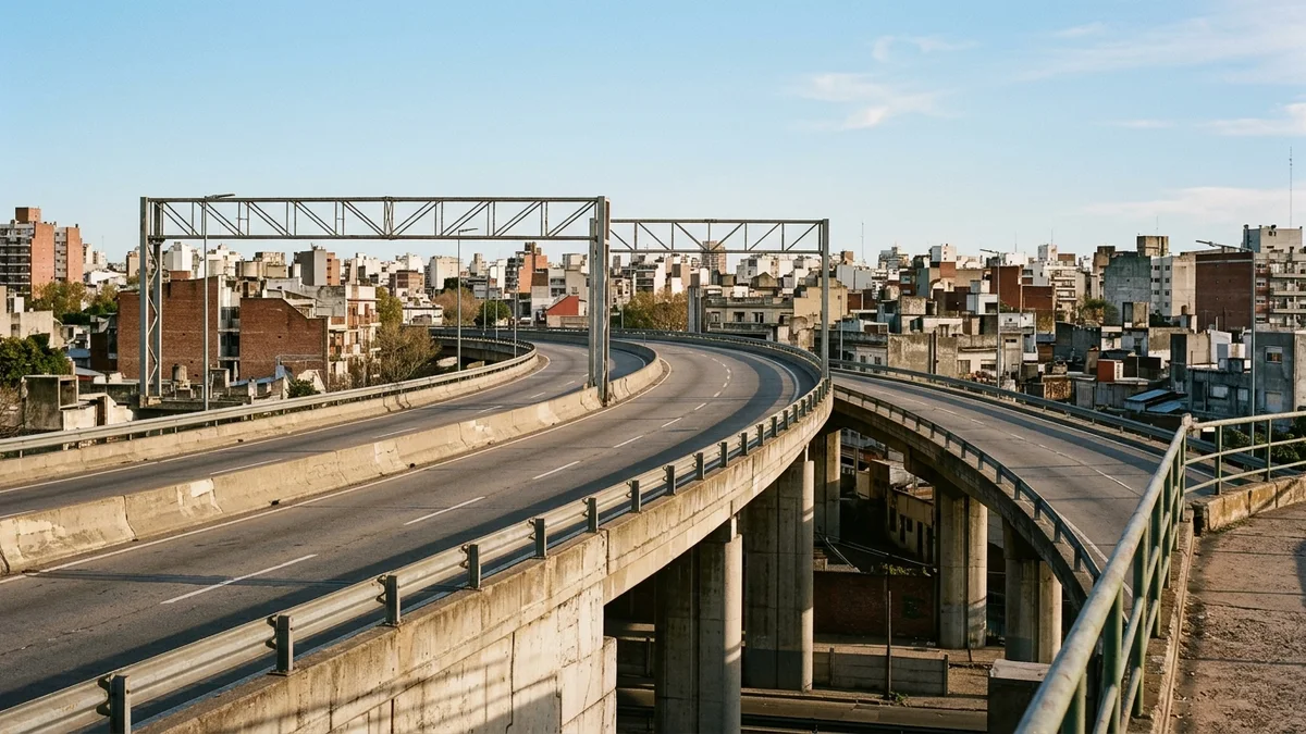 Autopista urbana de hormigón en curva con una rama de acceso que se desprende hacia la derecha, pórticos desnudos y edificios bajos al fondo con luz de tarde.