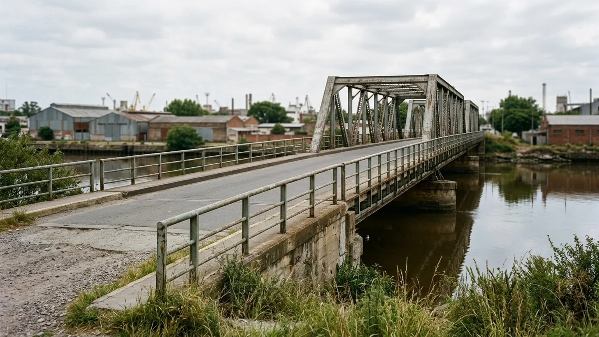 Puente carretero metálico sobre un curso de agua urbano, con la cabecera de hormigón y la calzada vacía en primer plano y galpones portuarios al fondo.