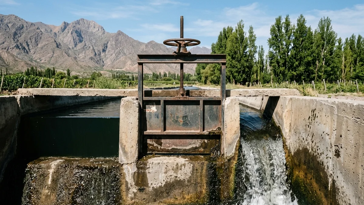 Compuerta metálica de riego sobre un canal de hormigón: el agua se acumula de un lado y baja pareja del otro, al pie de la montaña.