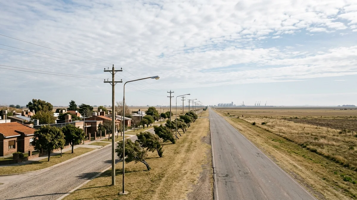 Avenida amplia que deja atrás la cuadrícula de casas bajas y sigue recta hacia la llanura, con silos y grúas portuarias difuminados en el horizonte