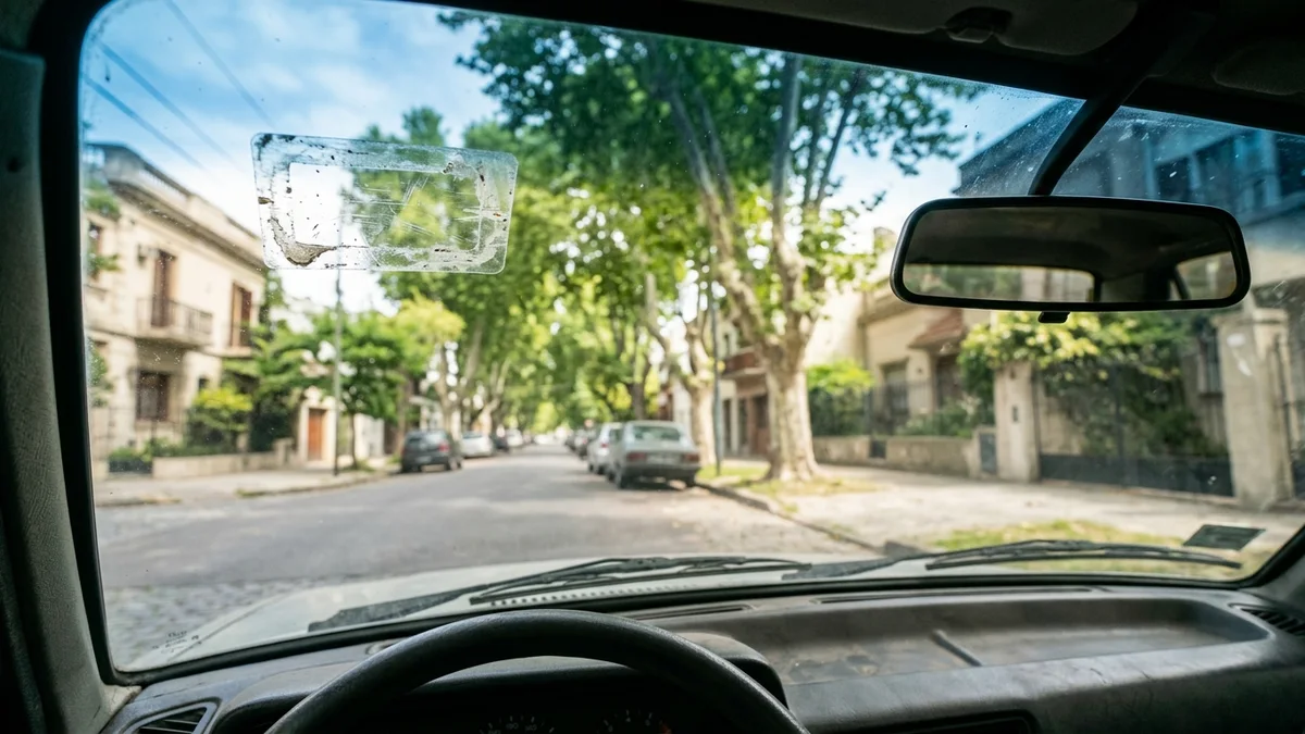 Parabrisas visto desde el interior del auto con la marca adhesiva de un dispositivo de telepeaje retirado