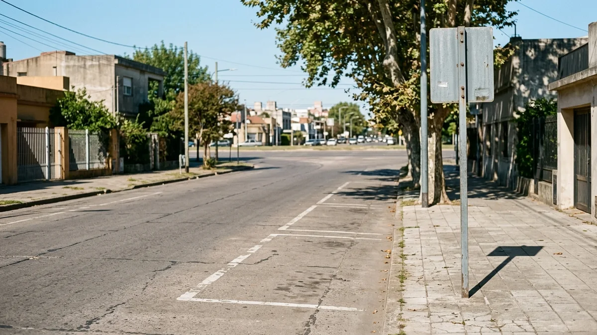 Calle vacía del conurbano bonaerense con cajones de estacionamiento pintados sobre el asfalto junto al cordón y una avenida ancha desenfocada al fondo.