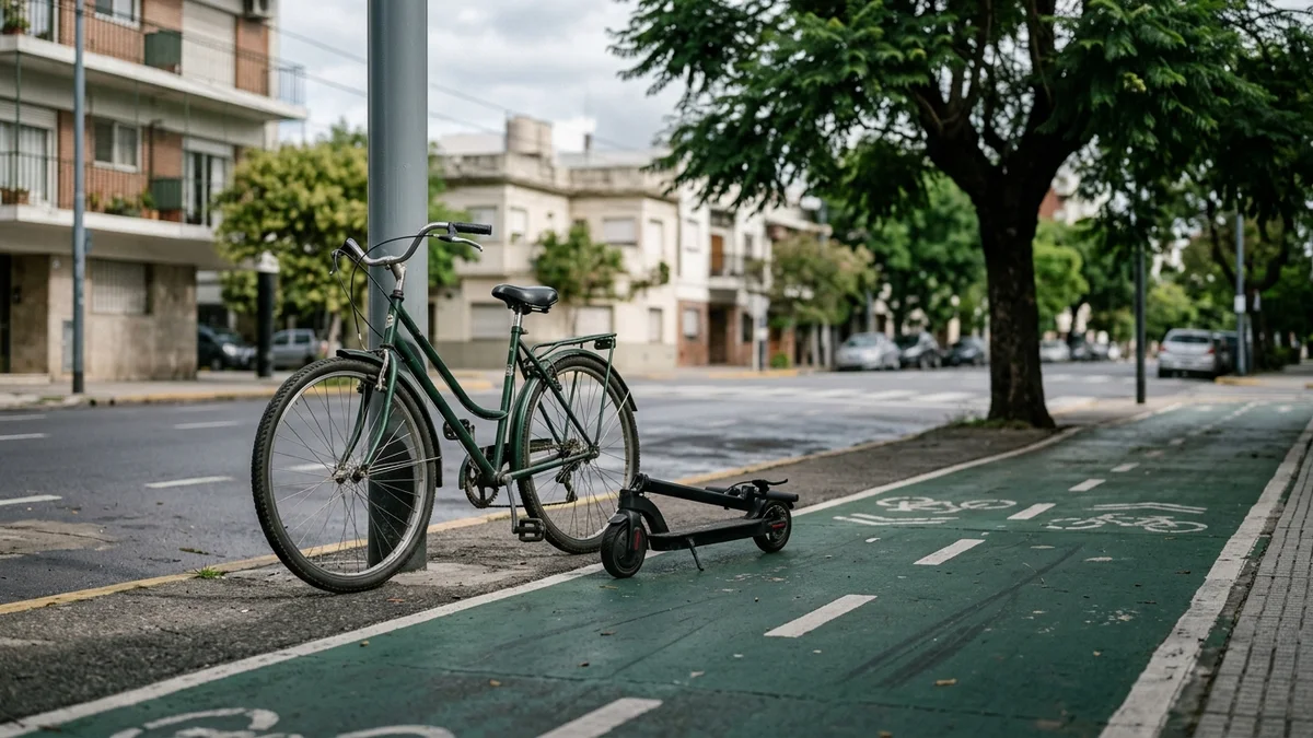 Bicicleta apoyada en un poste y monopatín eléctrico plegable en el suelo, sobre una ciclovía urbana vacía con luz de media mañana.