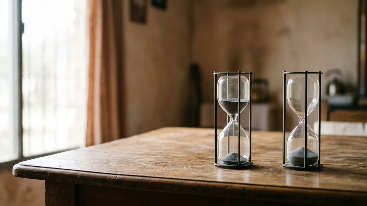 Dos relojes de arena con distintos niveles sobre una mesa representan tiempos administrativos diferentes