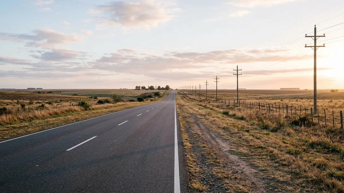 Ruta de llanura vacía al amanecer, con banquina de pasto seco y postes de tendido alineados hacia el horizonte bajo un cielo amplio.