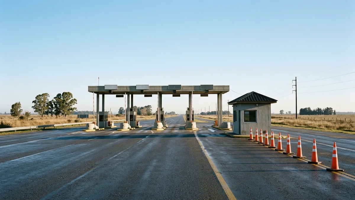Estación de peaje argentina vacía al costado de una autopista llana, con las barreras levantadas y conos junto a la cabina, bajo luz natural de la mañana.