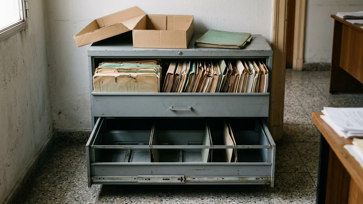 Armario metálico de archivo con un cajón lleno de carpetas y otro vacío, junto a una caja de archivo abierta, bajo luz natural.