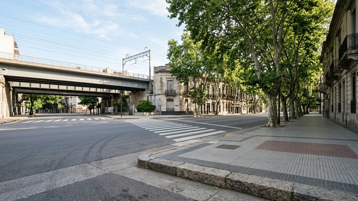Esquina de una avenida porteña con senda peatonal y plátanos en la vereda, y al fondo desenfocado un viaducto elevado que cruza la calle.