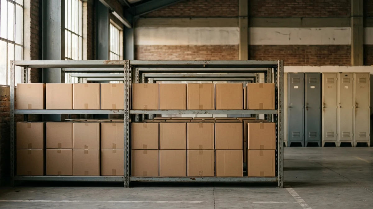Estantería metálica con cajas de cartón idénticas y lisas en un depósito con luz natural, y al fondo una fila de casilleros individuales cerrados.