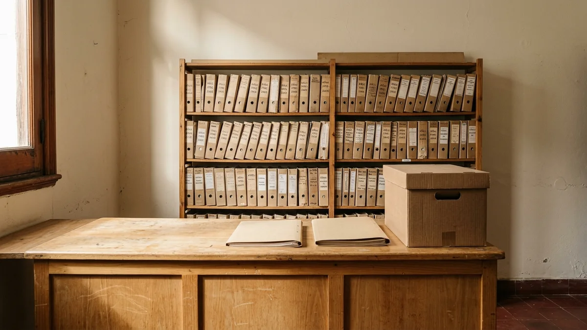 Mostrador de madera vacío con carpetas lisas cerradas y una caja de archivo, junto a un estante y una ventana alta con luz natural lateral.