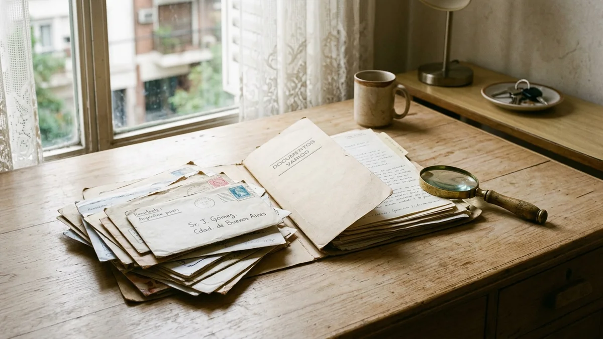 Sobres de correo cerrados apilados sobre un escritorio de madera junto a una carpeta abierta y una lupa, con luz natural de ventana.